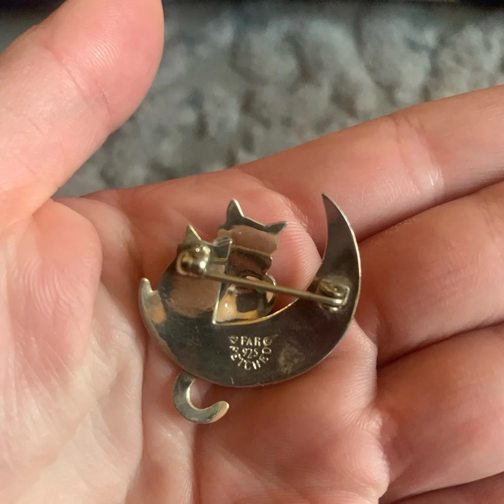 Sterling silver Cat Moon Brooch